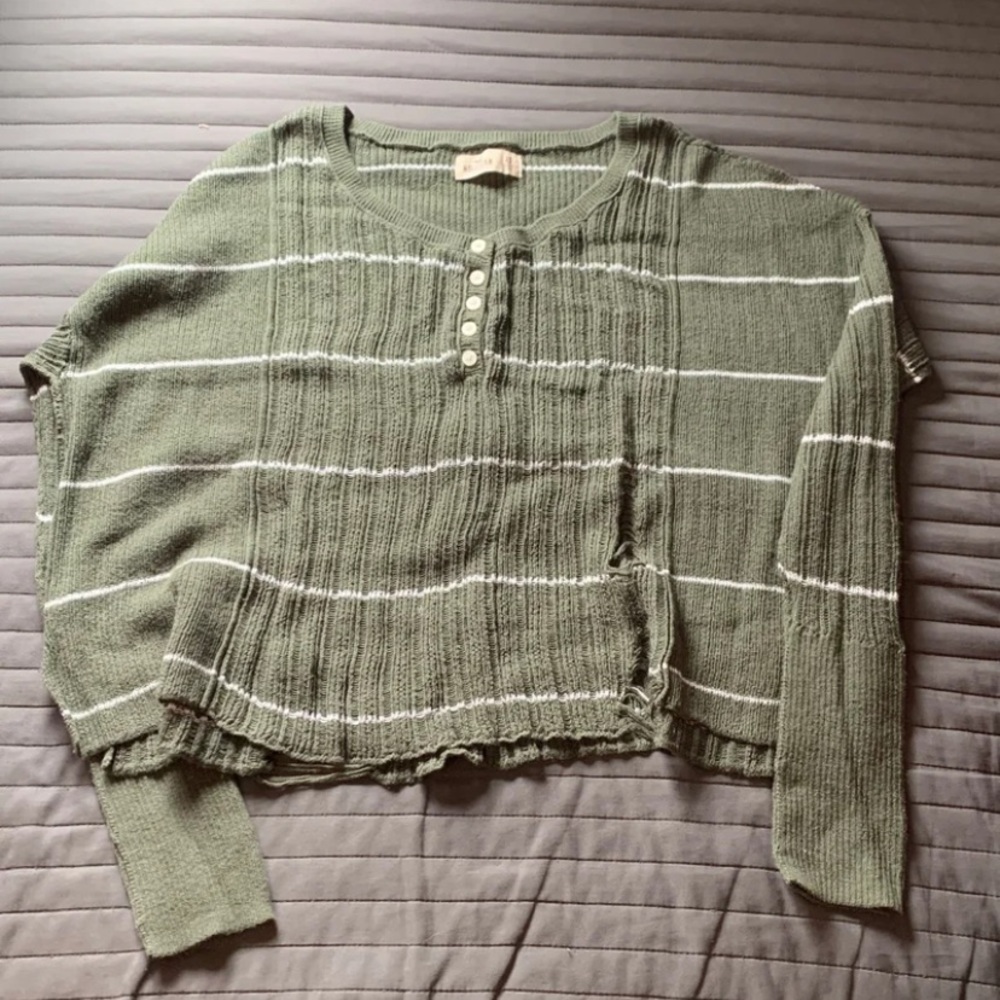 Hollister Green & White Stripped Distressed Top